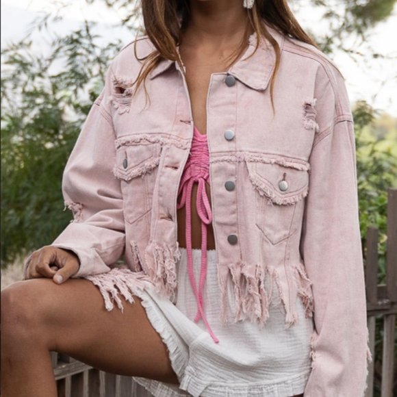 Distressed Fringe Oversized Denim Jacket – powder, pink - Picture 4 of 9